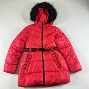 Michael Kors Kids Girls Puffer Coat Jacket Red Faux Fur Hood Belted Size 14
